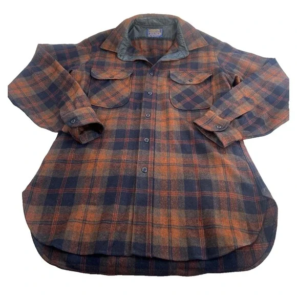 vtg 60s 70s Pendleton Plaid Wool Loop Collar Fireside Board Shirt M Blue/Orange